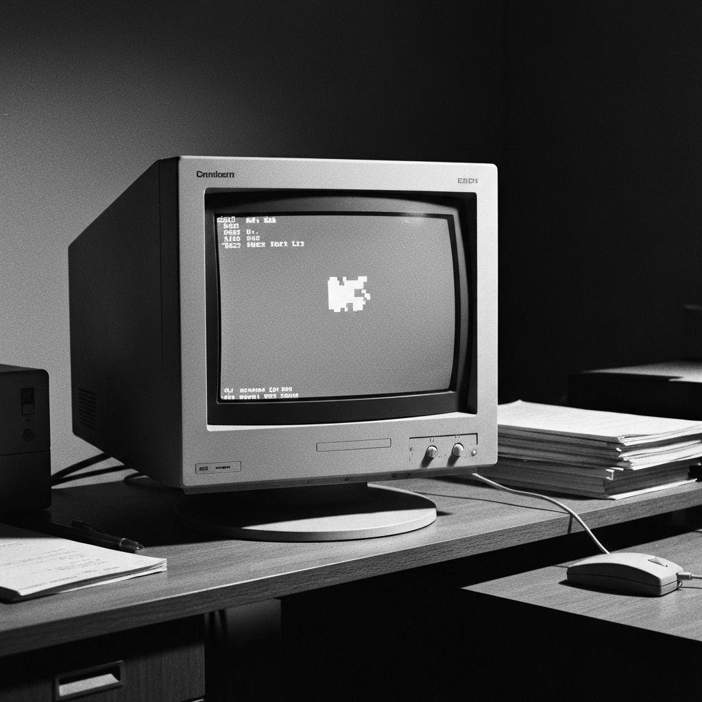 Una pantalla de terminal CRT antigua sobre una mesa de los años 80